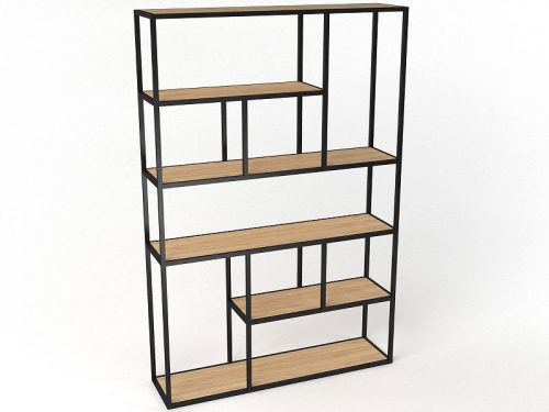 Loft metalni regal sa drvenim policama – asimetrični industrijski dizajn