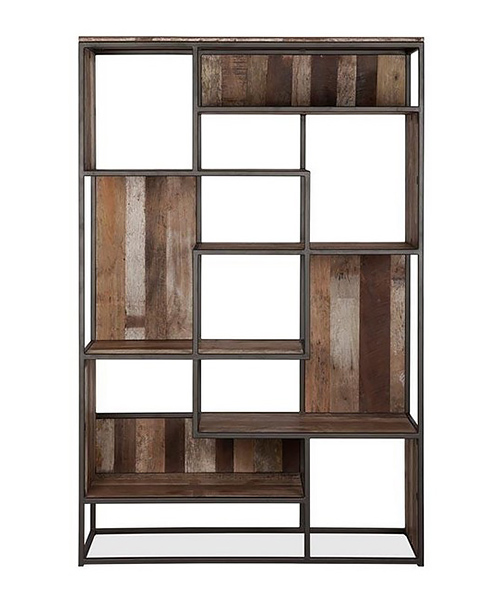 Loft metalni regal sa drvenim panelima – industrijski asimetrični dizajn