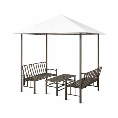 Metalna baštenska sjenica sa klupama i stolom – čelična konstrukcija sa krovom